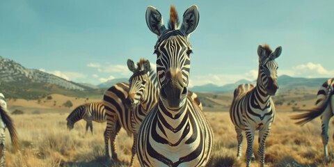 A group of zebras in a field gaze towards the camera, creating a motion-blurred panorama with carved animal figures and symmetrical chaos.