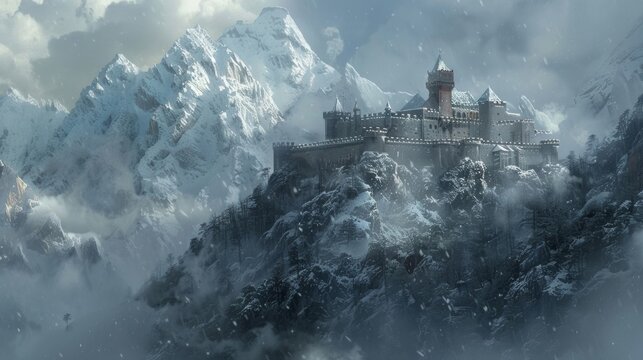 The castle stood majestically, flanked by the snow-capped peaks of the surrounding mountains.
