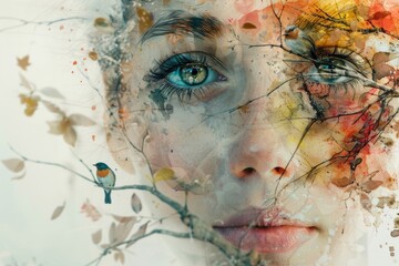 Surreal portrait featuring birds and a watercolor face that blends dreamlike elements into a captivating artwork.