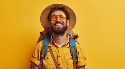Traveler carrying a backpack yellow background