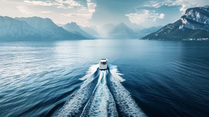 Foto op Canvas A boat speeds on the ocean, accompanied by mountains, showcasing polished surfaces, a glossy finish, and exacting precision in dark cyan and white. © Duka Mer