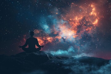 A man meditates in a yoga lotus position, his soul connected to the universe as he reclines against a backdrop of a nebula galaxy, embodying mindful spirituality. - obrazy, fototapety, plakaty