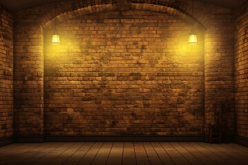 Room with brick wall and yellow lights background 