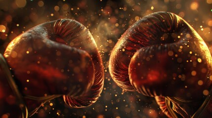Burst of energy visible with particles flying off colliding boxing gloves. The defining moment of power in the boxing ring - obrazy, fototapety, plakaty