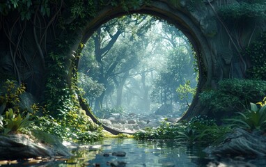 Enchanted gateway in an enchanted forest, leading to a realm of wonder and adventure. 3D render.