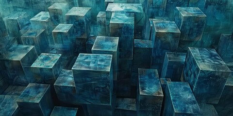 Blue cubes against a background reveal hidden details, captured with tilt shift and detailed precision.
