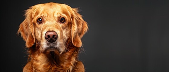  A black background with a clear, close-up photo of a dog's face