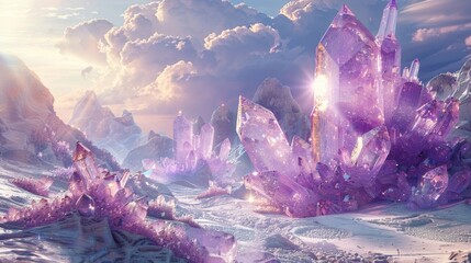 A mystical realm where the icy dunes of sandy glaciers sparkle under the light of purple crystal formations, creating an otherworldly spectacle.
