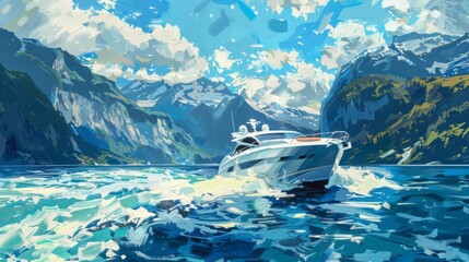 A motorboat sails on the ocean near mountains, showcasing polished surfaces with a glossy finish. - obrazy, fototapety, plakaty