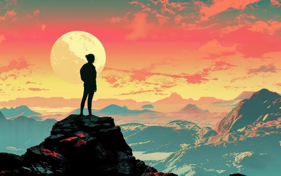 Geryon's sleek form cuts through the nostalgic retro-futuristic skyline, a sharp contrast to the soft, dreamy scenery.