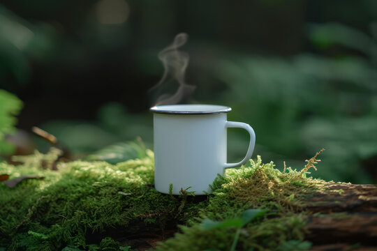 Coffee cup on the tree in the forest, stock photo