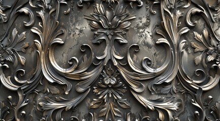 An old-fashioned wallpaper design exhibits beautiful organic sculpting and metallic rotation.