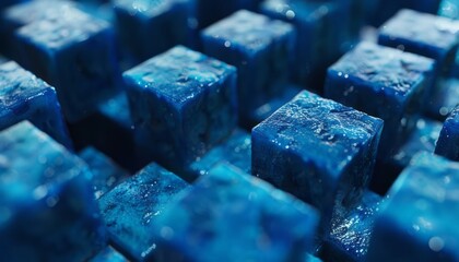 Blue cubes against a background reveal hidden details, captured with tilt shift and detailed precision.