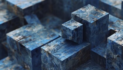 A blue cube surrounded by other cubes forms dense compositions with selective focus and multilayered texture.