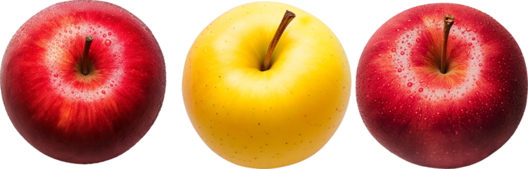 Three ripe red and yellow apples isolated on a transparent background