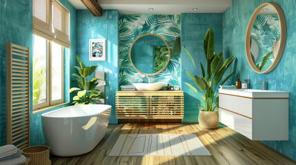 A tropical-themed bathroom with vibrant turquoise walls, palm leaf wallpaper, and bamboo accents...