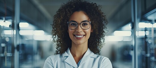 A woman in glasses and a lab coat smiles for the camera during a vision care event. Her eyebrows are raised, eyes sparkling with happiness. She looks happy and ready for fun travel adventures - obrazy, fototapety, plakaty