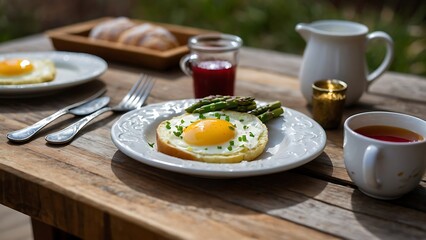 Fototapeta na wymiar Fried egg with asparagus and jam on a wooden table