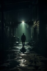A man is walking down a poorly illuminated alleyway at night. The scene is eerie, with shadows cast by the dim lighting creating an ominous atmosphere
