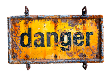 Worn yellow metal plaque with the word danger isolated on a cutout PNG transparent background