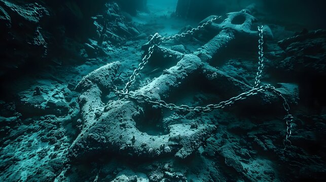 A large, barnacle-covered anchor chained to the rocky seabed lies forgotten, conjuring tales of old maritime adventures in the deep blue.