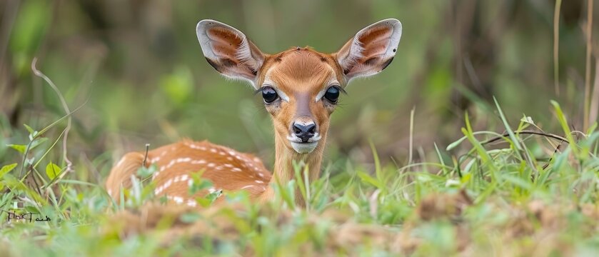  Close-up of a deer in a field of grass, surrounded by trees, with a baby deer in the foreground