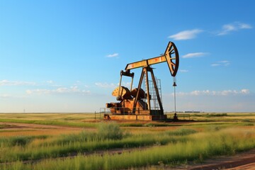 An oil pump stands tall in the center of a vast field, extracting oil from deep underground. The pumps mechanical arms move rhythmically, symbolizing industrial activity in the rural landscape
