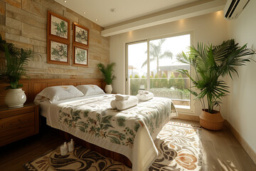 Spacious bedmassage room featuring a large bed and access to a balcony