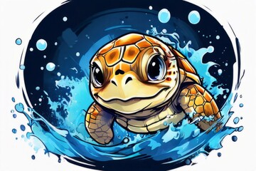 Turtle riding wave on white background. For Tshirt design, posters, postcards, other merchandise with marine theme, childrens books, educational materials for kids, tourism, stationery.