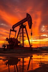 An oil pump silhouette stands prominently against the orange hues of the setting sun. The industrial structure extracts oil from the earth while the sky transforms into a colorful display of dusk