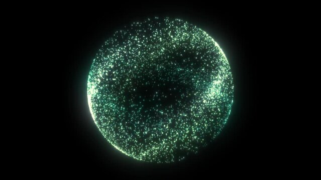 Bright glowing rotating particles 3d sphere in universe. Abstract technology, science, engineering and artificial intelligence background. Animated wave energy sphere. Green. 4k loop.