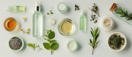 Overhead shot of a DIY hair care ingredients spread, including oils and herbs for homemade treatments, - obrazy, fototapety, plakaty
