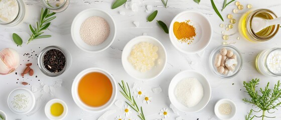 Overhead shot of a DIY hair care ingredients spread, including oils and herbs for homemade treatments, - obrazy, fototapety, plakaty