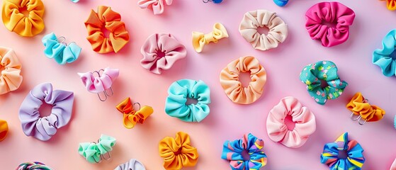 Playful image of colorful hair scrunchies and clips on a pastel background, celebrating hair accessories,