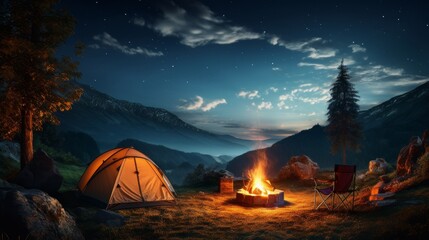 Fototapeta na wymiar Campfire Burning Bright in Night Field
