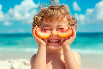 Happy child on the beach, laughing while covering his eyes with peach halves, summer vacation concept - obrazy, fototapety, plakaty