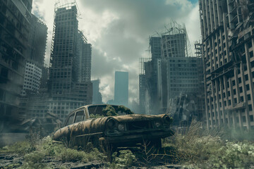 Post apocalypse, futuristic dead city without people with old car and abandoned skyscrapers