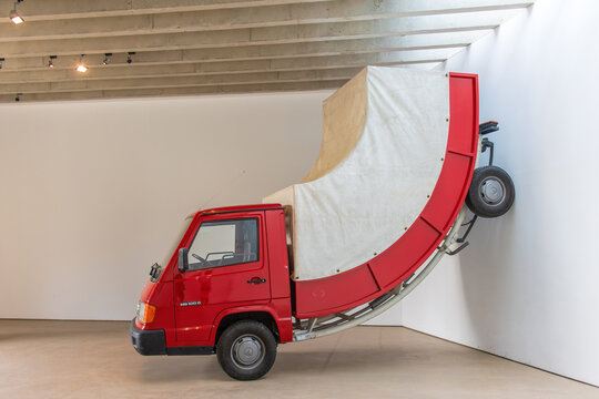 Truck II at the Trap of the Truth exhibition showing artworks by Erwin Wurm, at Yorkshire Sculpture Park.