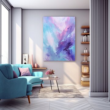 Splashes of bright paint on the canvas. azure, mauve and white colors. Interior painting