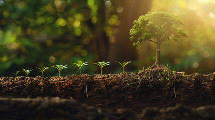 A sapling growing into a mighty tree on a timeline, marking key growth milestones powered by motivation