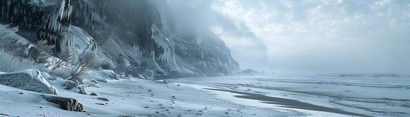 A valley carved by time, where snow meets the sea, and sand embraces both. A silent, snowy beach - obrazy, fototapety, plakaty