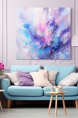 Splashes of bright paint on the canvas. azure, mauve and white colors. Interior painting