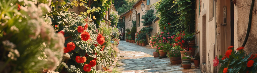 Fototapeta na wymiar A village path lined with flowers, each step a way to discover beauty. A picturesque stroll