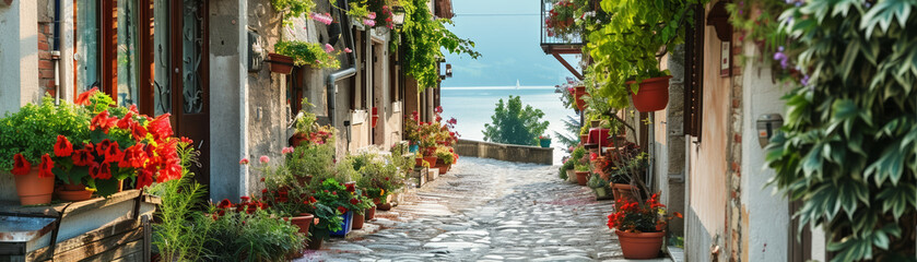 A village path lined with flowers, each step a way to discover beauty. A picturesque stroll - obrazy, fototapety, plakaty