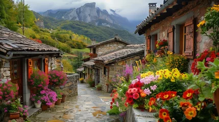 Fotobehang A village where every place is adorned with flowers, a picturesque scene of natural beauty © pantip