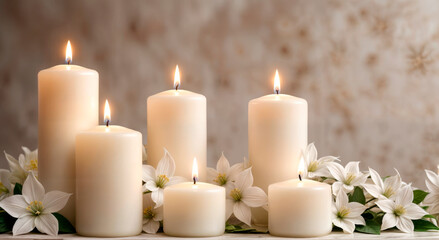 Background with white candles and flowers