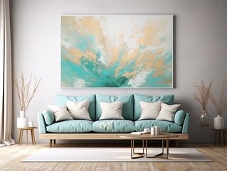 Splashes of bright paint on the canvas. beige, turquoise and white colors