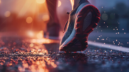 Athlete's foot close-up, kicking off the starting block at dawn, determination and power in every run - obrazy, fototapety, plakaty
