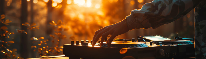Behind-the-scenes look at a DJ's turntable during sunset, blending music and nature's beauty