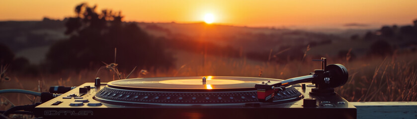 Behind-the-scenes look at a DJ's turntable during sunset, blending music and nature's beauty - obrazy, fototapety, plakaty